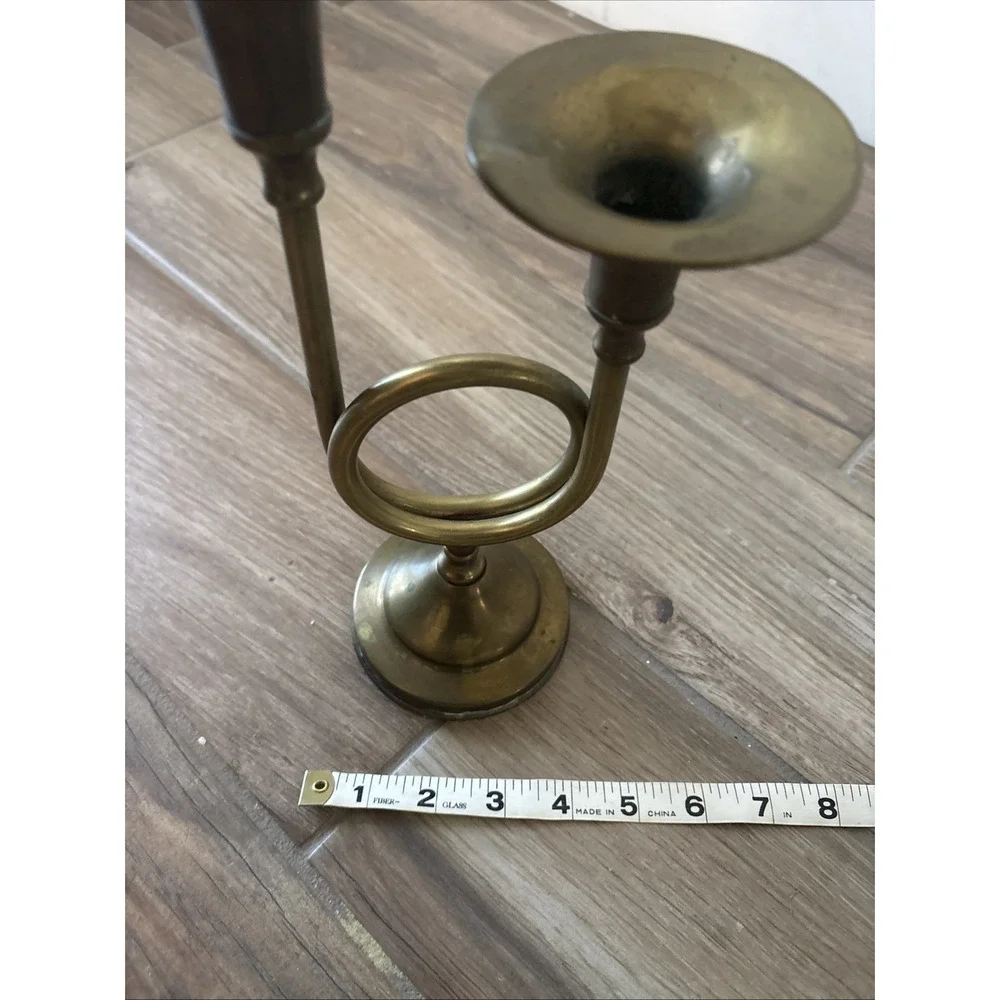 Brass Double Candle Holder  French‎ Horn Trumpet Candlestick MCM  11